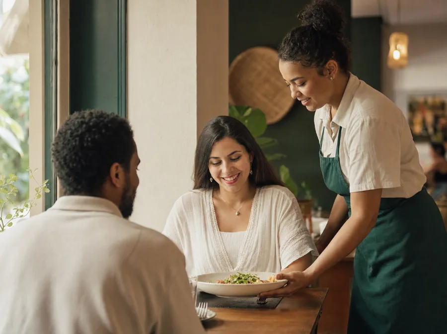 Garçonete serve o almoço a um casal numa mesa perto da janela de um restaurante pequeno.