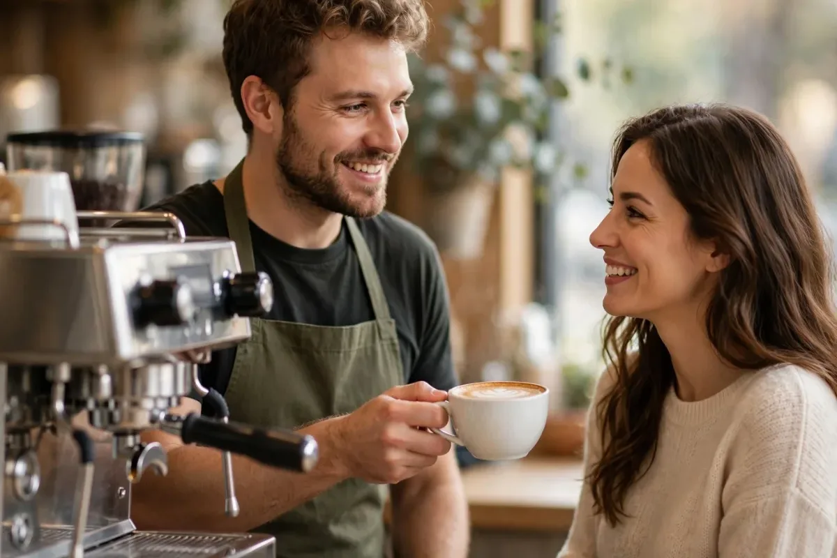 Barista entregando um copo de café no balcão de uma cafeteria.
