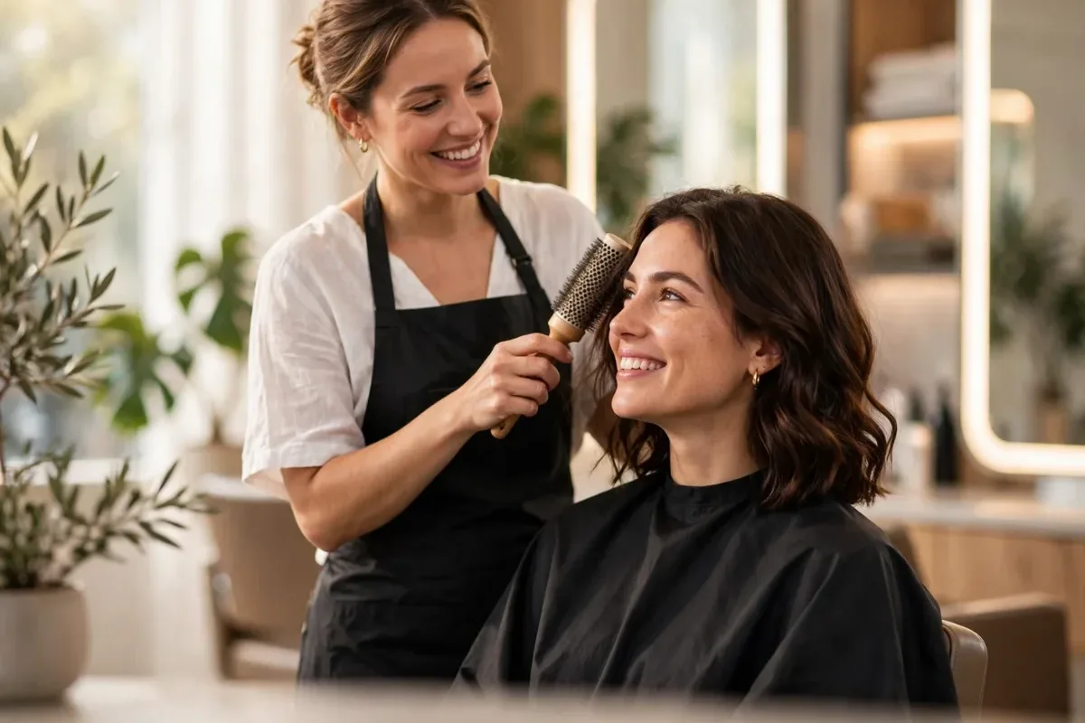 Cabeleireira finalizando a escova de uma cliente em um salão de beleza.
